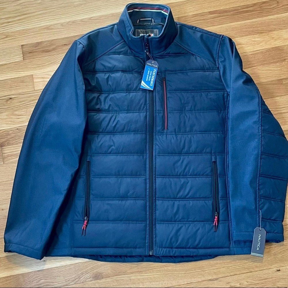 Nautica Mens Mixed Media Softshell Puffer Jacket Blue Zip Stretch Pockets XL New